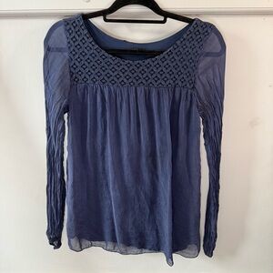 Cosmo Women's Blue Navy Sheer Long Sleeve Top Blouse Lace Neckline Detail